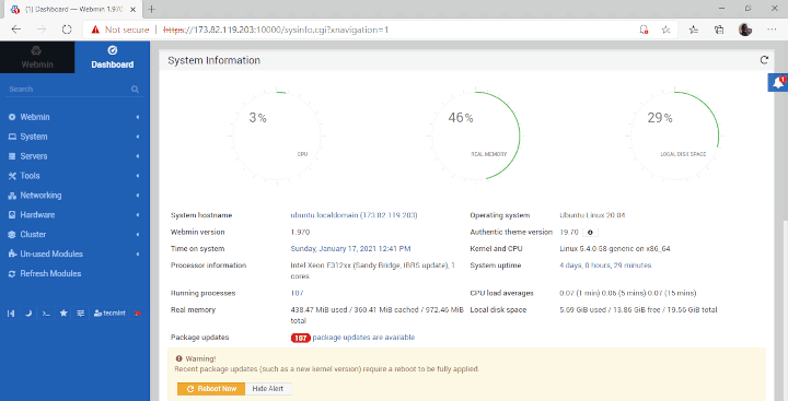 نصب موفق SSL در Webmin Ubuntu - تأیید HTTPS فعال