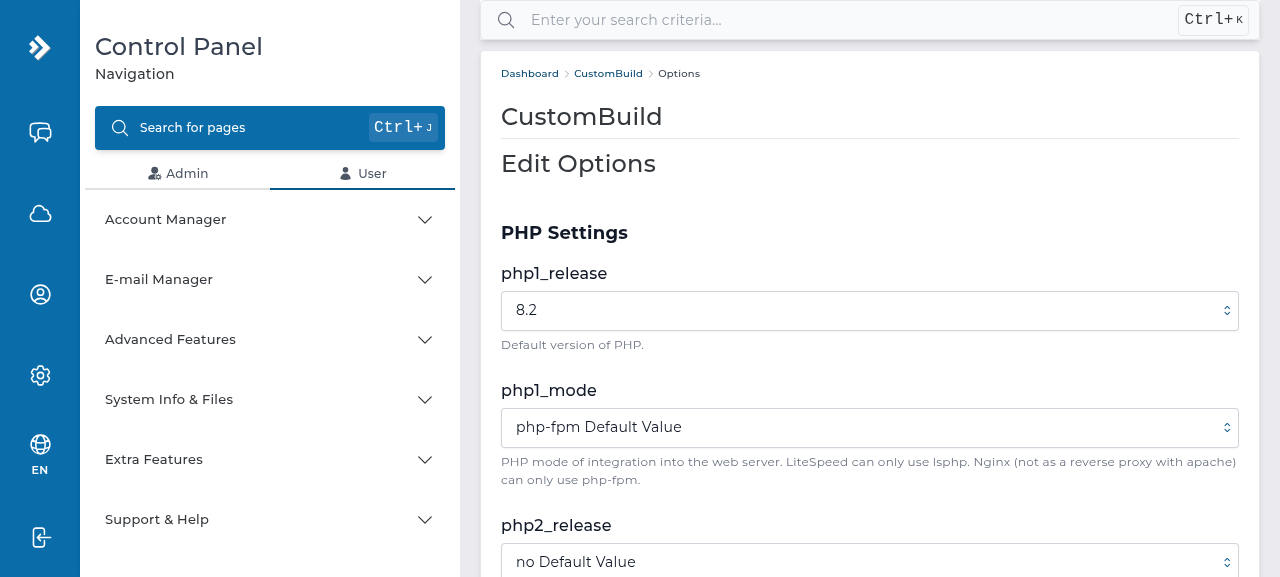 اعمال نسخه جدید PHP با دکمه Update Setting در دایرکت ادمین