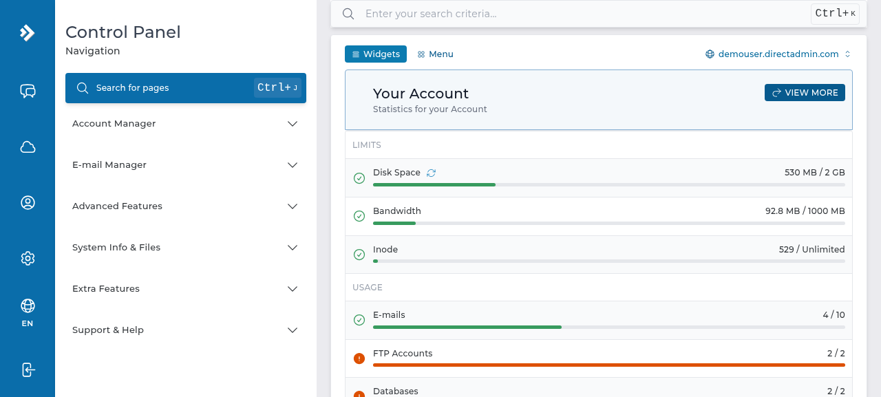 داشبورد کاربری DirectAdmin با بخش Account Manager