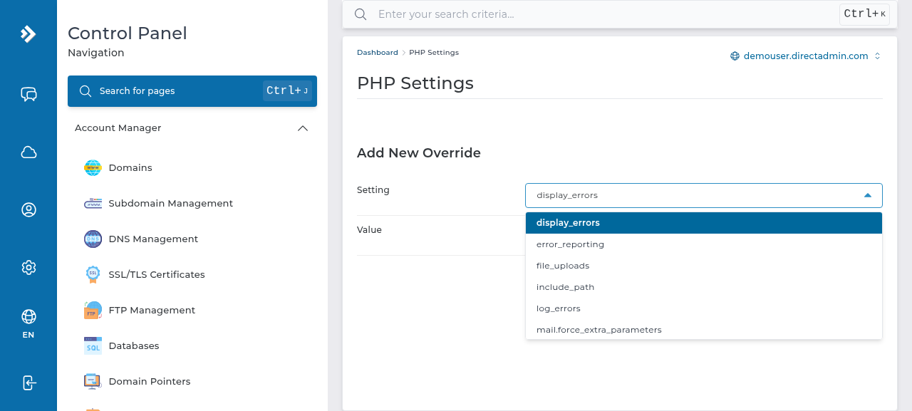 لیست تنظیمات PHP قابل تغییر در دایرکت ادمین شامل memory_limit و max_execution_time