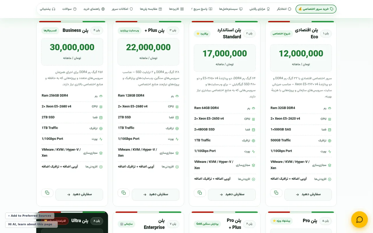 کارت پلن‌های اقتصادی Eco و استاندارد Standard سرور اختصاصی ایران با قیمت ماهانه