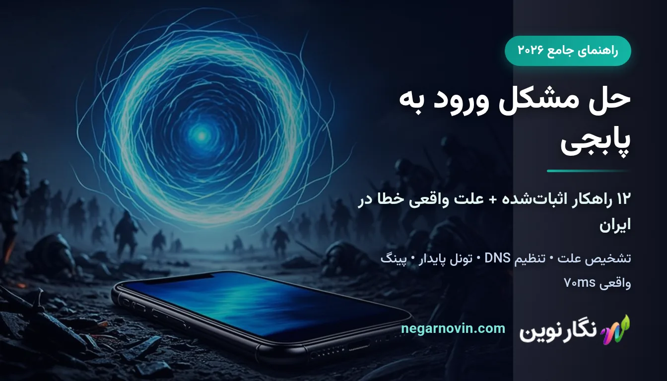 کاور مقاله حل مشکل ورود به پابجی با ۱۲ راهکار و لوگوی نگارنوین